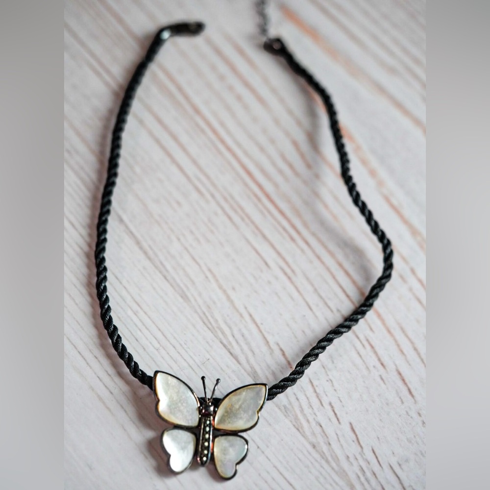 Vintage Butterfly Necklace  Mother of Pearl Style on Braided Cord